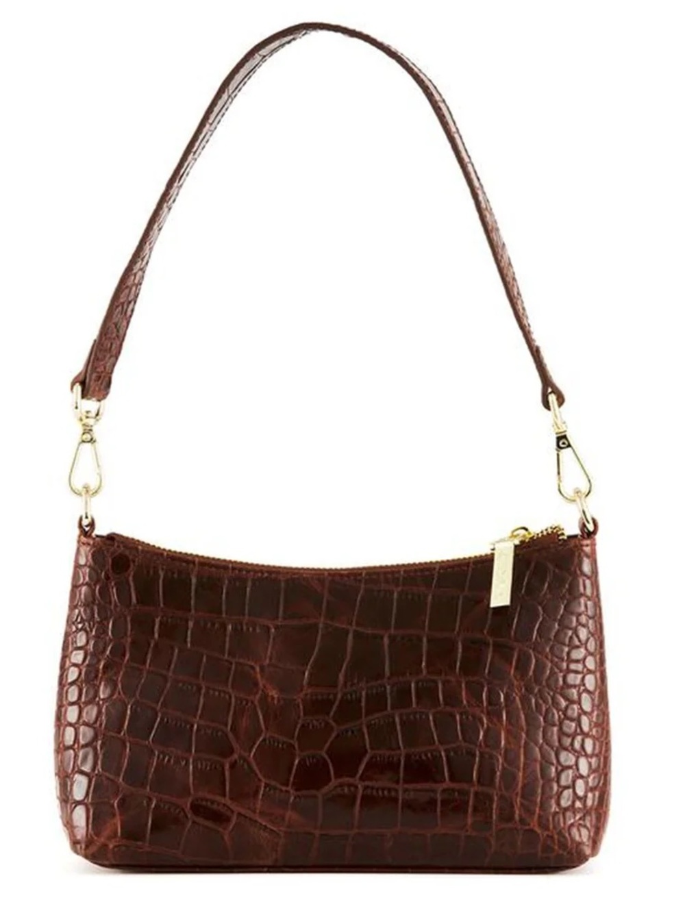 Croc-Embossed Brown Shoulder Bag with Gold Hardware